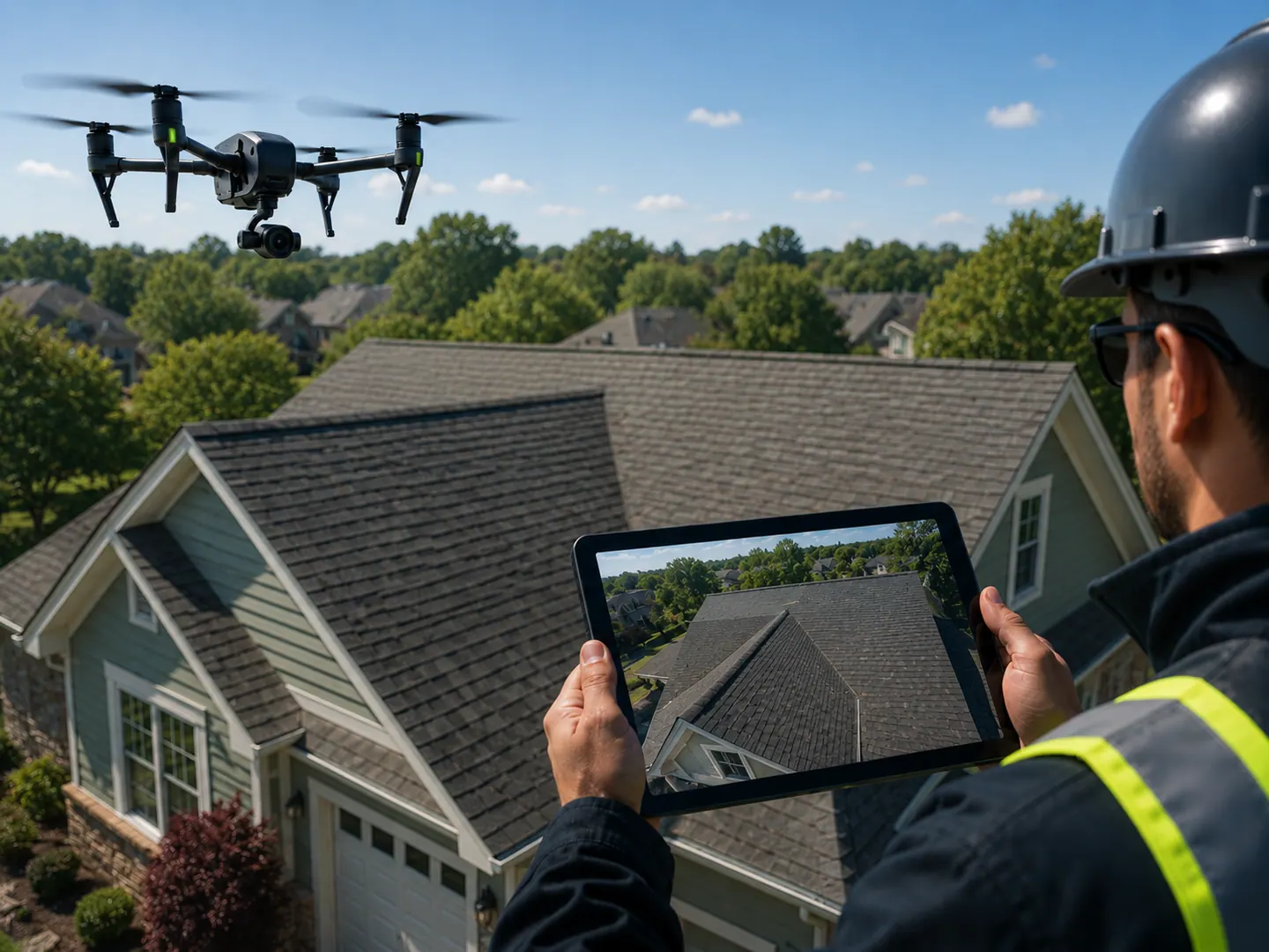 Drone roof inspection above a home